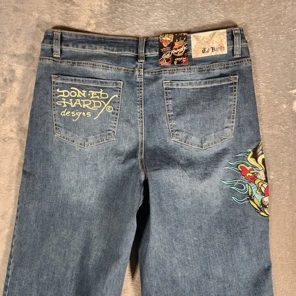 Ed Hardy Jeans Women's Size 34 Blue Wide Leg Embroidered Tattoo Print WEHD8300-3